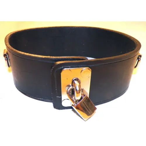 A Black Circular Leather Band With a Lock and a Key One