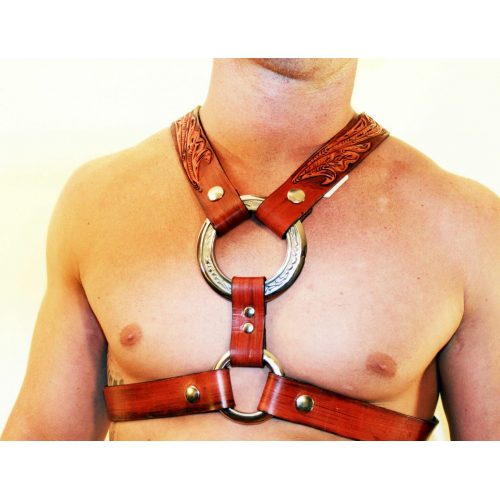 A Man Wearing a Brown Color Leather Harness Close Up