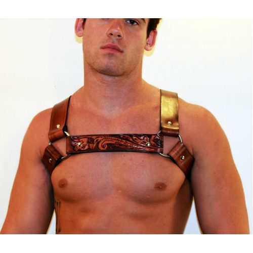 A Man Wearing a Brown Color Harness With Design