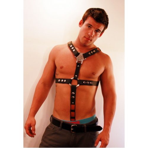 A Man Wearing a Black Color Leather Harness Looking Side
