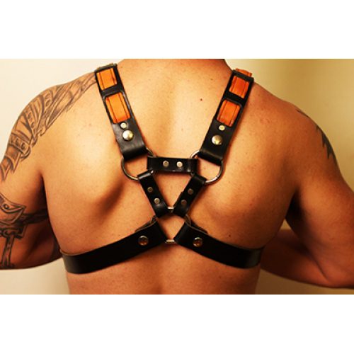Backside of a Man Wearing a Black Harness With Brown Strap