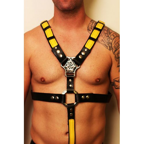 Man Wearing a Black Harness With Yellow Straps Front