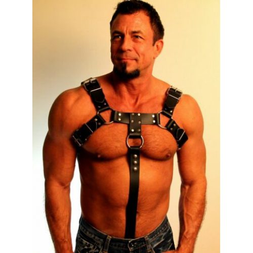 A Man Wearing a Black Color Leather Harness Front