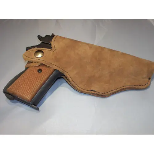 A Gun in a Tan Leather Casing With a Brass Button